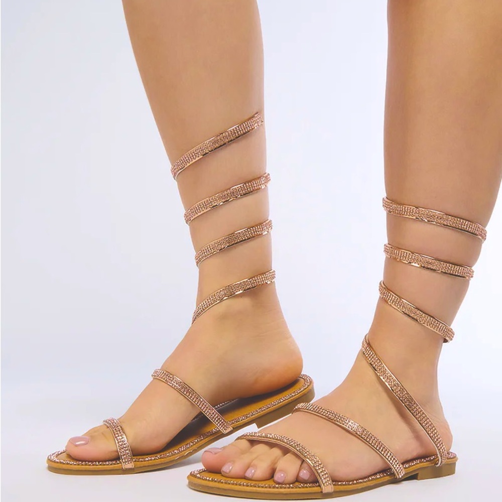 Rose Gold Vegan Leather Rhinestones Wrap Sandals